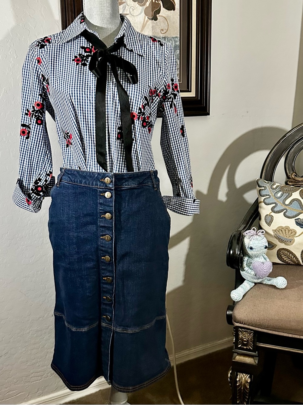 Marc Jacobs Floral Flocked Gingham Bow Tie Blouse Top 6